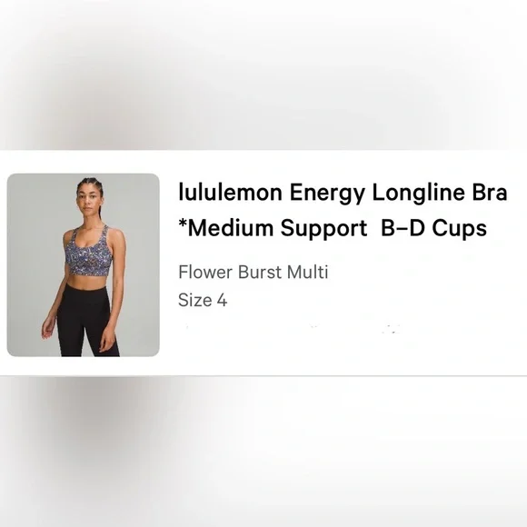 Lululemon Energy Longline Bra Medium Support B-D Size 4 in Flower Burst Multi - Picture 8 of 8